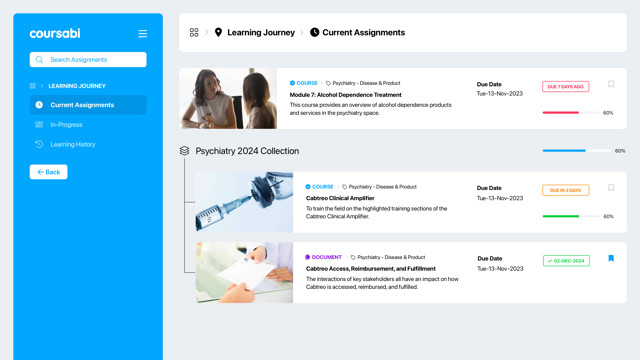 The learning journey view helps learners navigate their assignments.