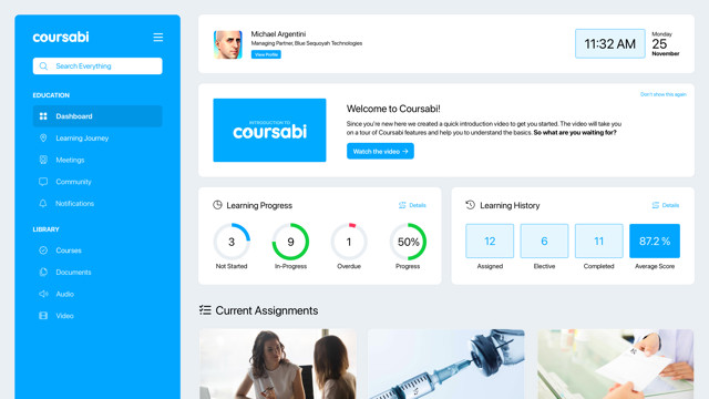 The dashboard gives learners a complete view of their progress and upcoming assignments.